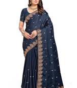 Teal embroidered satin saree with blouse piece