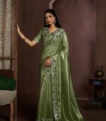 Mehendi embroidered Jute Coating silk saree with blouse piece