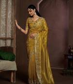 Yellow embroidered Jute Coating silk saree with blouse piece