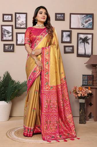 Yellow Banarasi Tissue Silk Saree Patola Woven Border And Contrast Woven Classic Pallu With Blouse