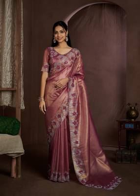 Pink embroidered Jute Coating silk saree with blouse piece 1