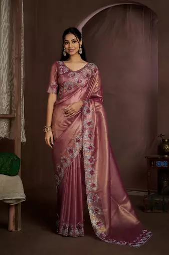 Pink embroidered Jute Coating silk saree with blouse piece