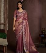 Pink embroidered Jute Coating silk saree with blouse piece