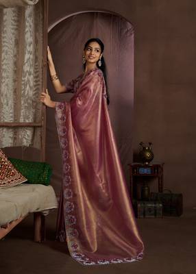 Pink embroidered Jute Coating silk saree with blouse piece 2