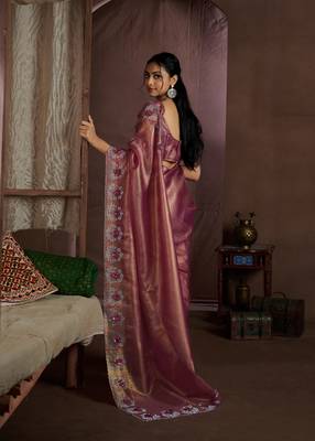Pink embroidered Jute Coating silk saree with blouse piece 3