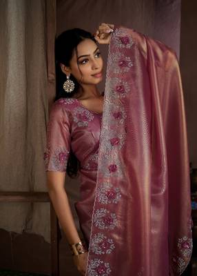 Pink embroidered Jute Coating silk saree with blouse piece 4