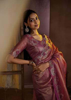 Pink embroidered Jute Coating silk saree with blouse piece 5