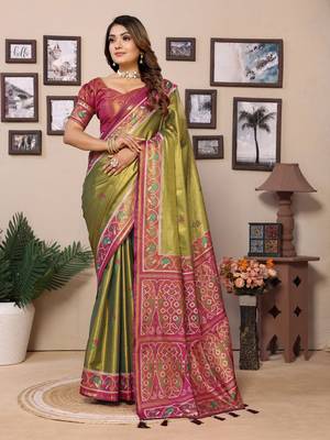 Mehendi Banarasi Tissue Silk Saree Patola Woven Border And Contrast Woven Classic Pallu With Blouse 1