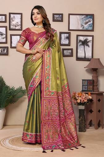 Mehendi Banarasi Tissue Silk Saree Patola Woven Border And Contrast Woven Classic Pallu With Blouse