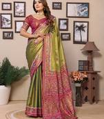 Mehendi Banarasi Tissue Silk Saree Patola Woven Border And Contrast Woven Classic Pallu With Blouse