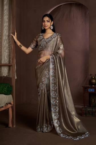 Brown embroidered Jute Coating silk saree with blouse piece