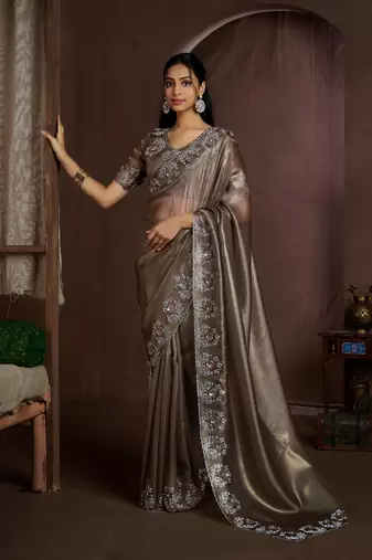 Brown embroidered Jute Coating silk saree with blouse piece