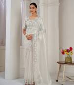 White embroidered Jute Coating silk saree with blouse piece