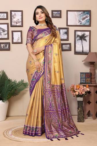 Light Yellow Banarasi Tissue Silk Saree Patola Woven Border And Contrast Woven Classic Pallu With Blouse