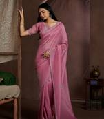 Pink embroidered Crush silk saree with blouse piece