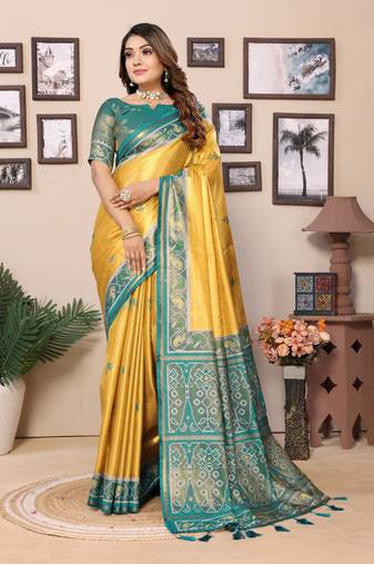 Mustard Banarasi Tissue Silk Saree Patola Woven Border And Contrast Woven Classic Pallu With Blouse