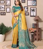 Mustard Banarasi Tissue Silk Saree Patola Woven Border And Contrast Woven Classic Pallu With Blouse