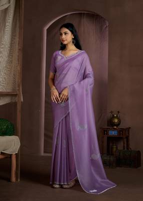 Lavender embroidered Crush silk saree with blouse piece 1