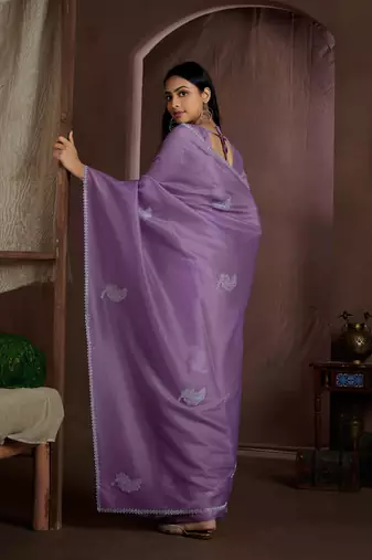 Lavender embroidered Crush silk saree with blouse piece