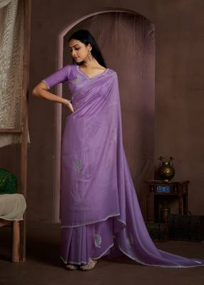 Lavender embroidered Crush silk saree with blouse piece 3
