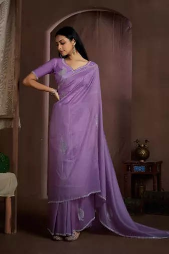 Lavender embroidered Crush silk saree with blouse piece