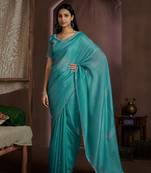 Sea green embroidered Crush silk saree with blouse piece