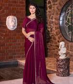 Wine embroidered satin Jimmy Silk saree with blouse piece