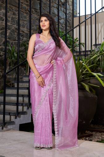 Lavender embroidered organza saree with blouse piece