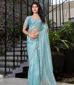 Turquoise embroidered organza saree with blouse piece