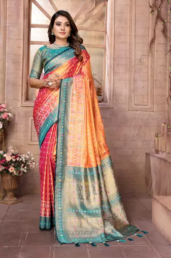 Orange Banarasi Tissue Silk Saree Patola Weaving Border And Contrast Woven Classic Pallu With Blouse