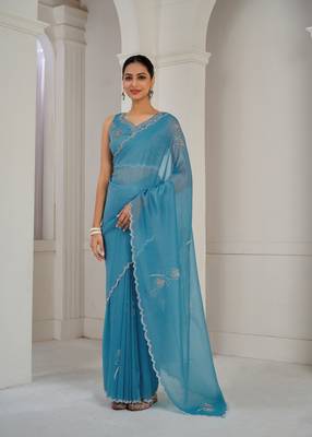 Blue embroidered Crush silk saree with blouse piece 1