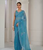 Blue embroidered Crush silk saree with blouse piece