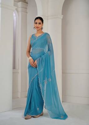 Blue embroidered Crush silk saree with blouse piece 2