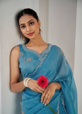 Blue embroidered Crush silk saree with blouse piece 3