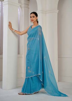 Blue embroidered Crush silk saree with blouse piece 5