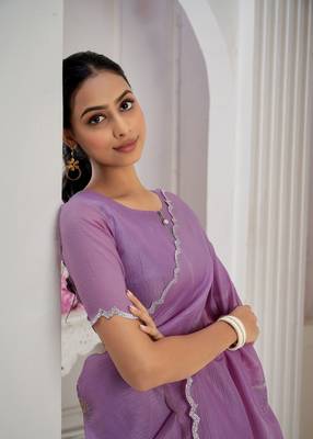 Lavender embroidered Crush silk saree with blouse piece 4