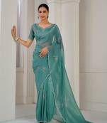 Sea green embroidered art silk saree with blouse piece