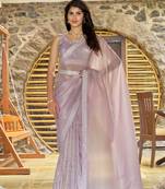 Lavender embroidered Gold Crush silk saree with blouse piece