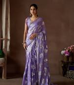 Purple embroidered satin saree with blouse piece