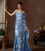 Blue embroidered satin saree with blouse piece