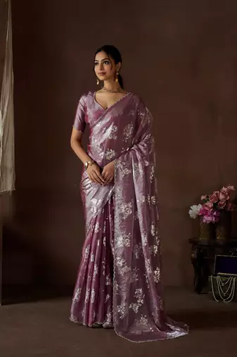 Wine embroidered satin saree with blouse piece