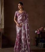 Wine embroidered satin saree with blouse piece