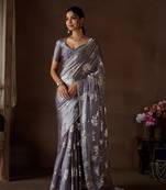 Brown embroidered satin saree with blouse piece