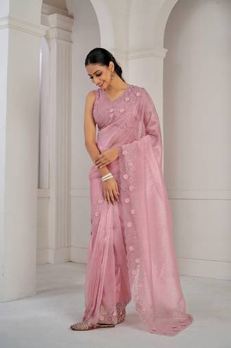 Pink embroidered organza saree with blouse piece