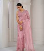 Pink embroidered organza saree with blouse piece