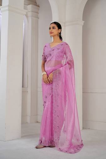 Pink embroidered organza saree with blouse piece