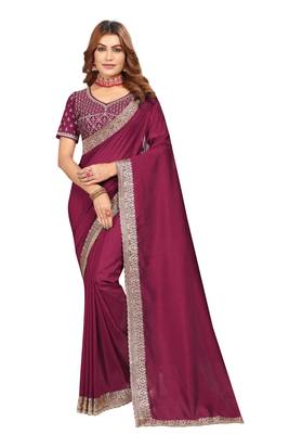 Wine embroidered Vichitra Blooming silk saree with blouse piece 1