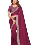 Wine embroidered Vichitra Blooming silk saree with blouse piece