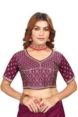 Wine embroidered Vichitra Blooming silk saree with blouse piece 2