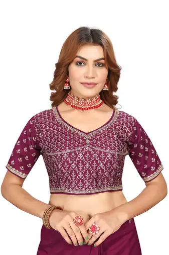 Wine embroidered Vichitra Blooming silk saree with blouse piece